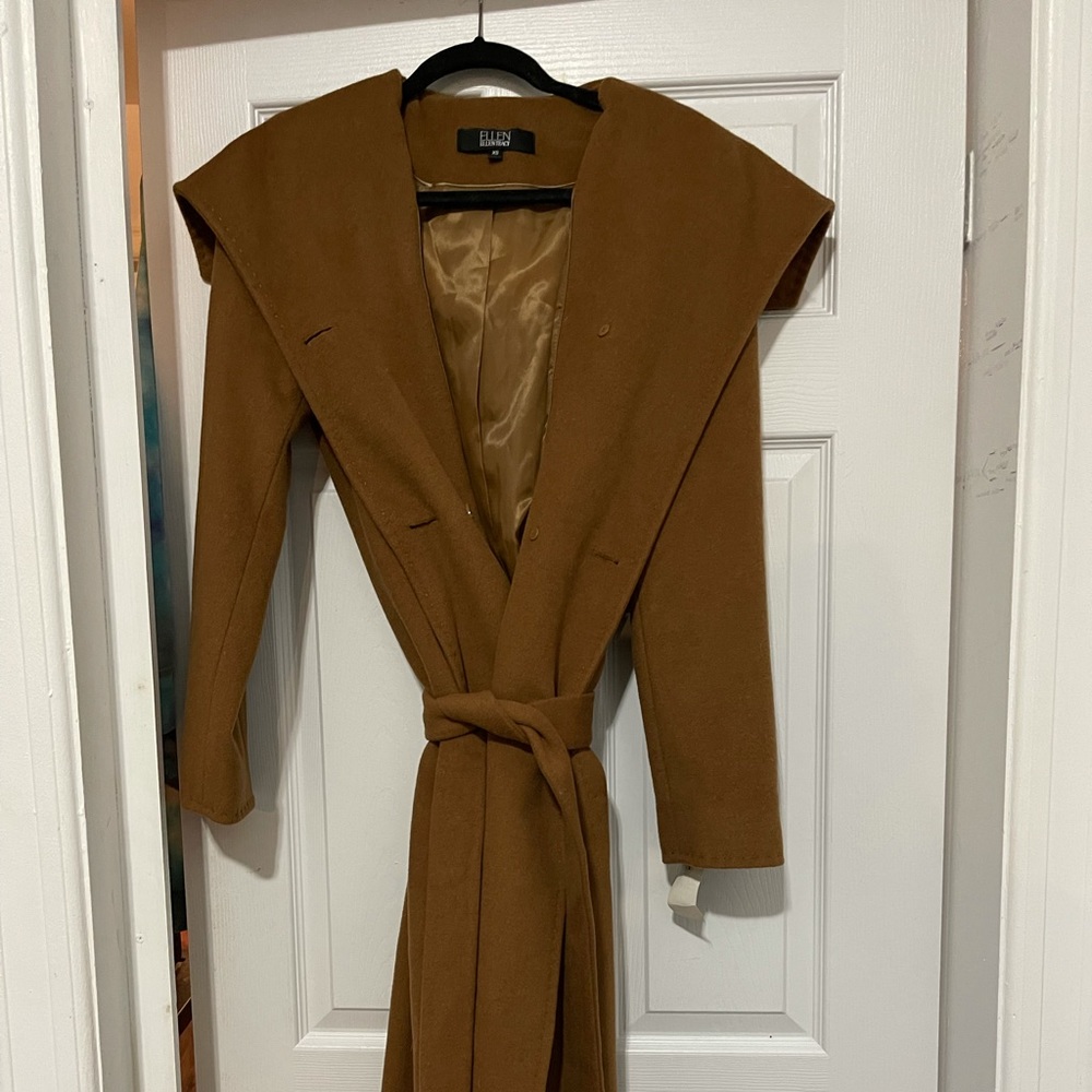 Ellen Tracy Trench Coat XS Womens Camel Tan Wool Blend with pockets and belt